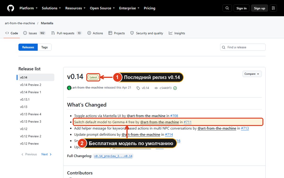 Страница релизов Mantella на GitHub с отметкой последней версии v0.14