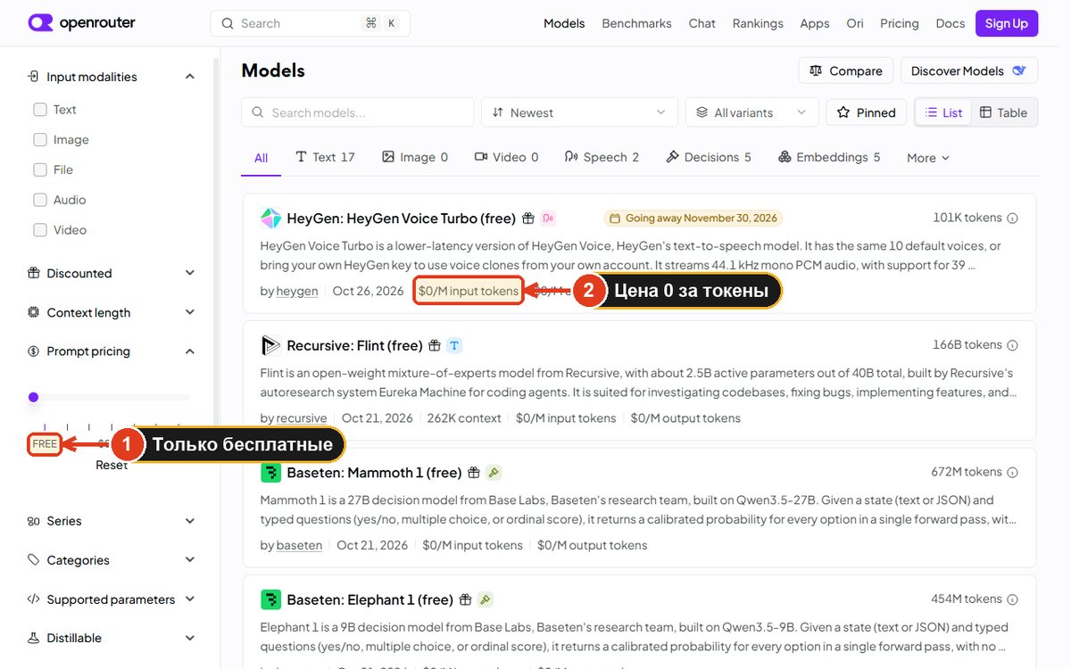 Список моделей OpenRouter с фильтром по цене FREE